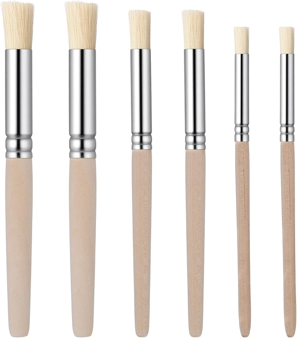 6Pcs Wooden Stencil Brushes, Natural Bristle Paint Brushes Set 3 Sizes Wood Paint Template Brush for Stencil Painting Acrylic Oil Watercolor DIY Art Crafts