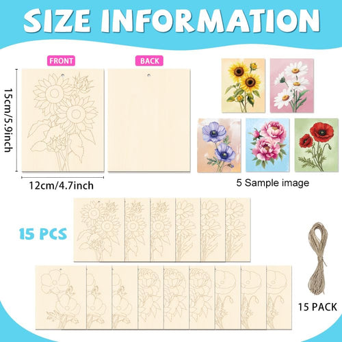 15 Pcs Unfinished Wood Crafts to Paint for Adults, 5.9x4.7 Inch Flowers Paintable Wood Slices Craft Supplies with Ropes, Bulk Predrilled Wooden Ornaments for DIY Painting Craft Decor