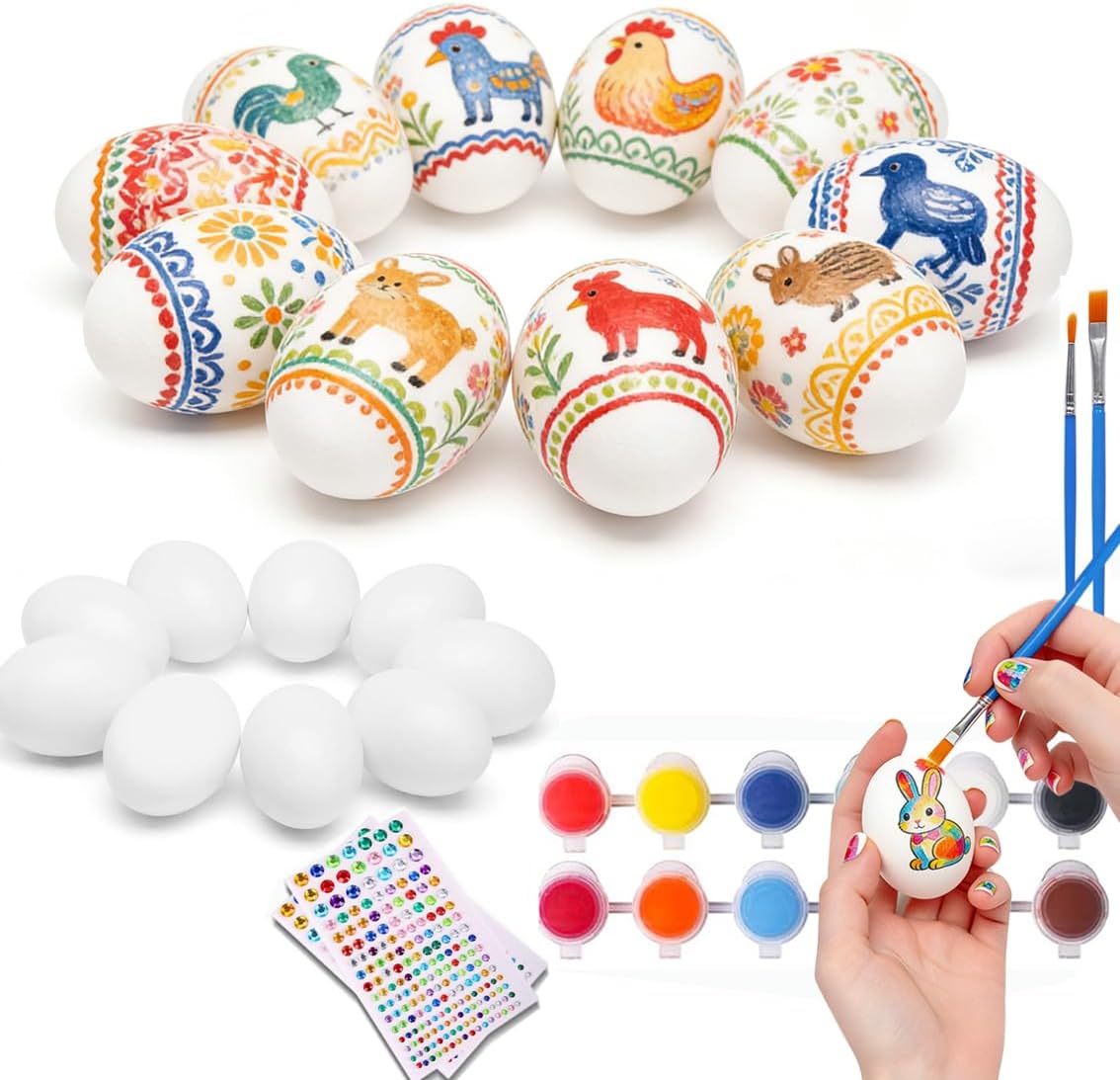 10 Pcs Wooden Easter Egg DIY Painting Kit ，Graffiti Art Crafts Spring Paint Your Own Easter Party Egg Statues ，Brushes Acrylic Paints Party Favor for Easter Spring Party Decorations
