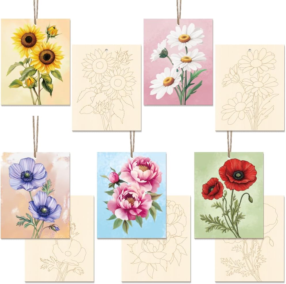 15 Pcs Unfinished Wood Crafts to Paint for Adults, 5.9x4.7 Inch Flowers Paintable Wood Slices Craft Supplies with Ropes, Bulk Predrilled Wooden Ornaments for DIY Painting Craft Decor