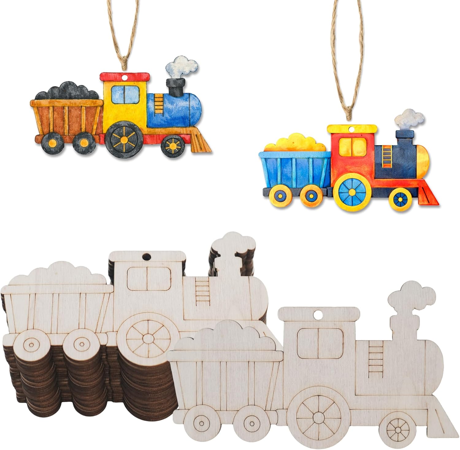 30Pcs Wooden Train Ornaments to Paint Unfinished Train Cars Cutouts Transports Theme DIY Craft for Unfinished Train Wood Slice for Hanging Holiday Party Decoration (Style E)