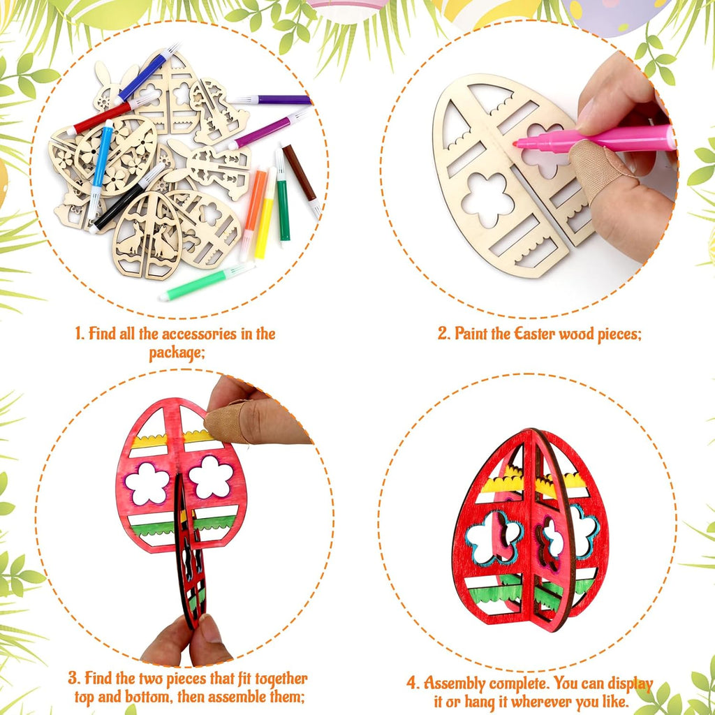 48PCS/24Set Easter Crafts Set to Paint, 3D Wooden Hollow Bunny Egg Flower Cutouts, Unfinished Blank Wood Slices Ornament for DIY Crafts Hanging Decorations with Drawing Pen & Hang Cords