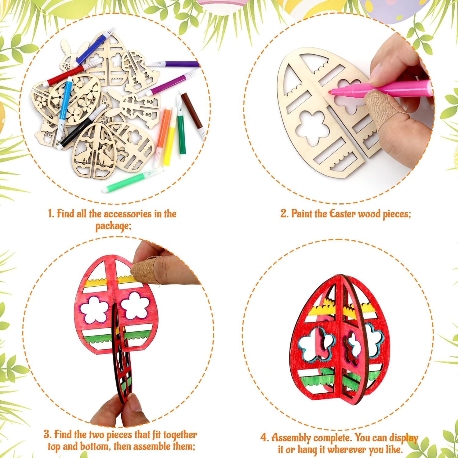 48PCS/24Set Easter Crafts Set to Paint, 3D Wooden Hollow Bunny Egg Flower Cutouts, Unfinished Blank Wood Slices Ornament for DIY Crafts Hanging Decorations with Drawing Pen & Hang Cords