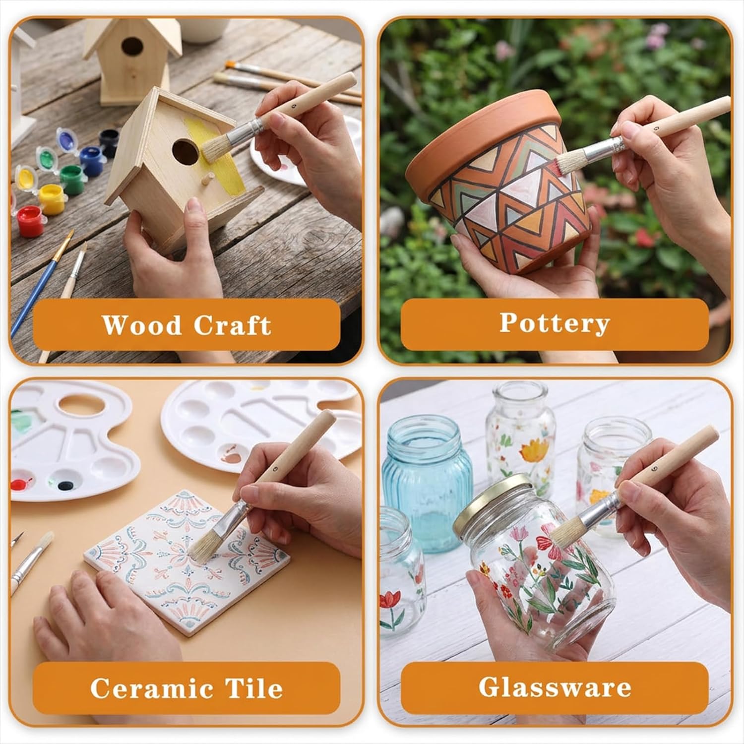3 Pack Wooden Stencil Brush, Washable Bristle Stencils Brushes for Painting, Natural Bristle Stencil Brush for Acrylic Oil Watercolor Painting, Stencils Project, Card Making, DIY Art Crafts (6, 8, 10)