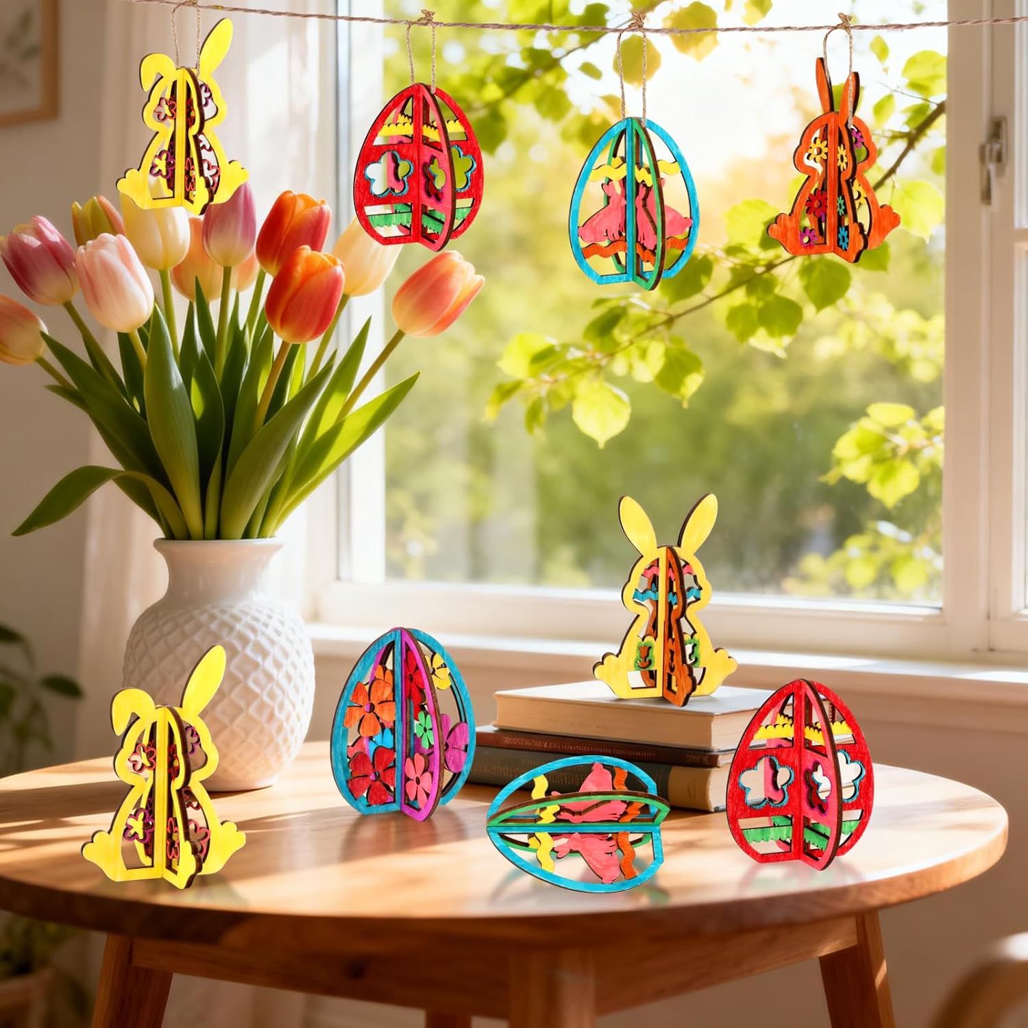 48PCS/24Set Easter Crafts Set to Paint, 3D Wooden Hollow Bunny Egg Flower Cutouts, Unfinished Blank Wood Slices Ornament for DIY Crafts Hanging Decorations with Drawing Pen & Hang Cords