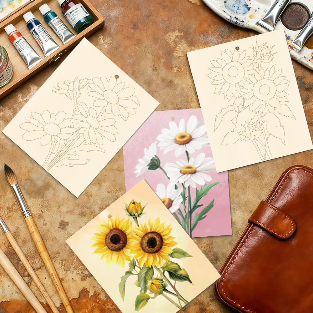 15 Pcs Unfinished Wood Crafts to Paint for Adults, 5.9x4.7 Inch Flowers Paintable Wood Slices Craft Supplies with Ropes, Bulk Predrilled Wooden Ornaments for DIY Painting Craft Decor