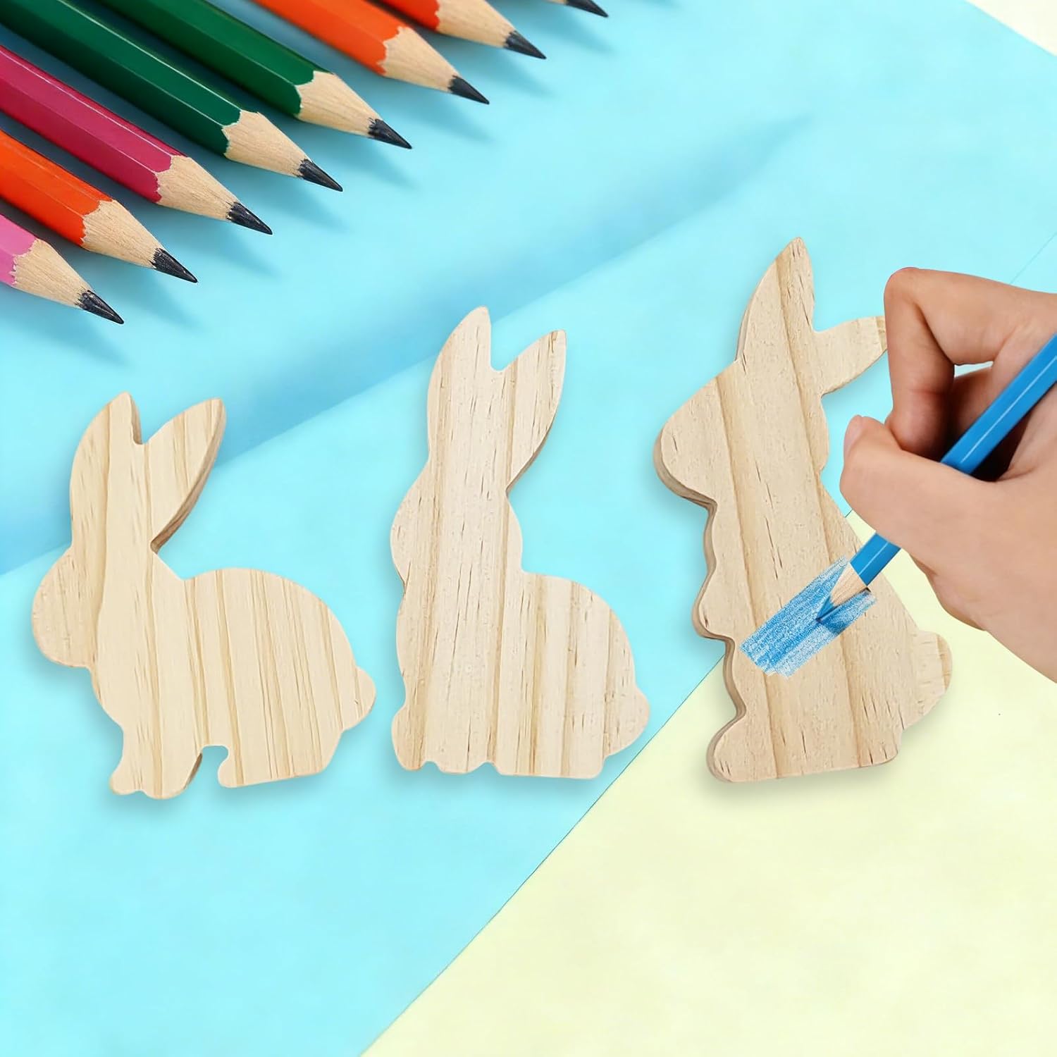 6 Pcs Happy Easter Bunny Wooden Blank Cutouts Unfinished Thick Shaped Table Wooden Signs Wood Blocks to Paint for DIY Crafts Holiday Home Tiered Tray Party Decorations Gift Making