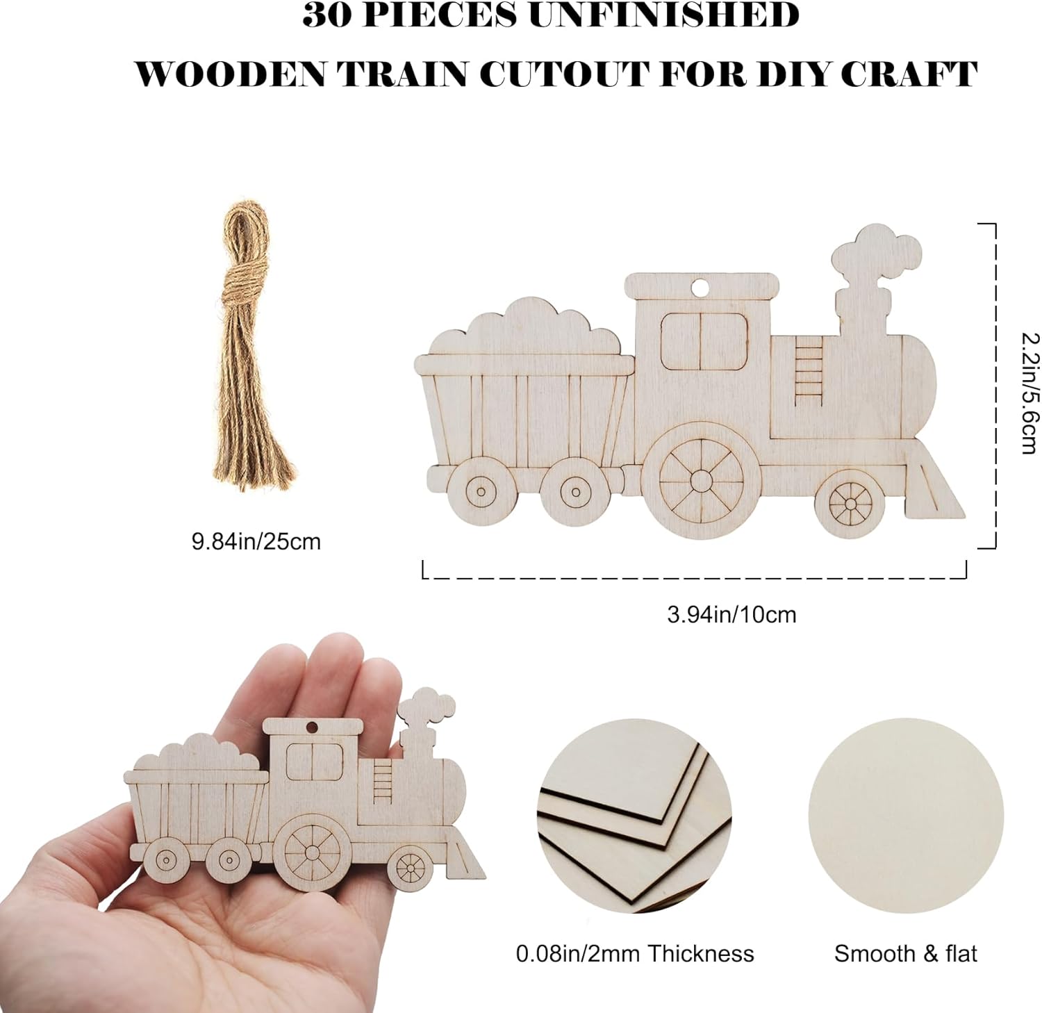 30Pcs Wooden Train Ornaments to Paint Unfinished Train Cars Cutouts Transports Theme DIY Craft for Unfinished Train Wood Slice for Hanging Holiday Party Decoration (Style E)