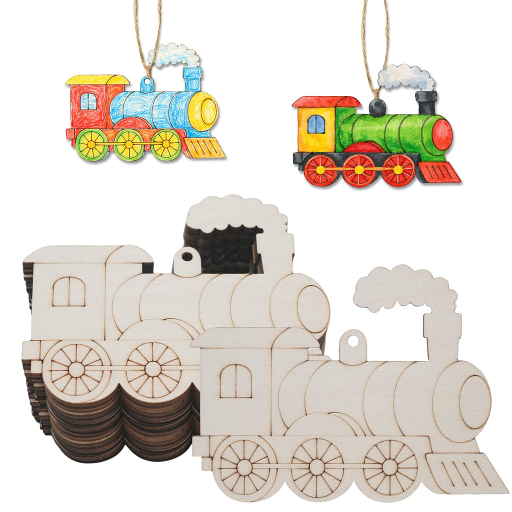 30Pcs Wooden Train Ornaments to Paint Unfinished Train Cars Cutouts Transports Theme DIY Craft for Unfinished Train Wood Slice for Hanging Holiday Party Decoration (Style E)
