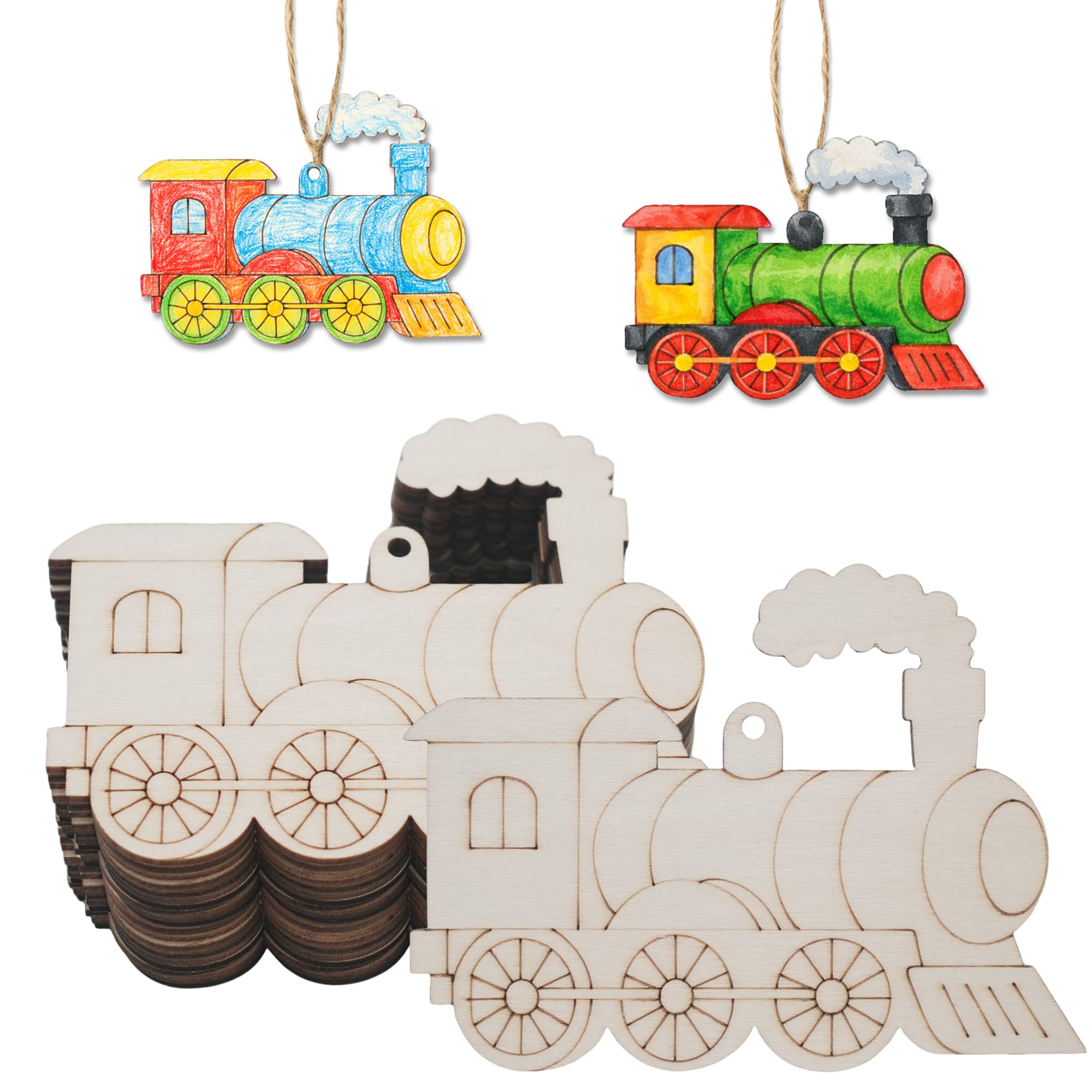 30Pcs Wooden Train Ornaments to Paint Unfinished Train Cars Cutouts Transports Theme DIY Craft for Unfinished Train Wood Slice for Hanging Holiday Party Decoration (Style E)