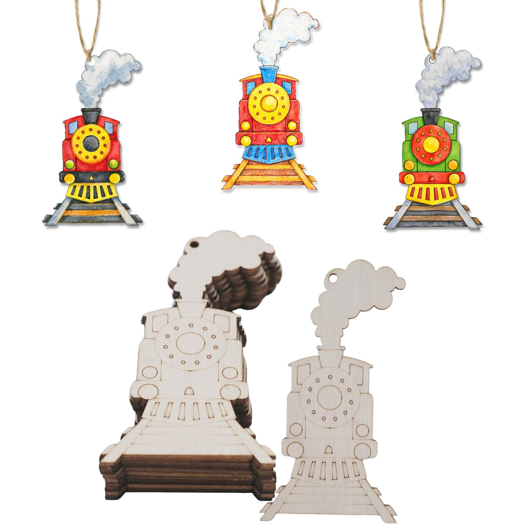 30Pcs Wooden Train Ornaments to Paint Unfinished Train Cars Cutouts Transports Theme DIY Craft for Unfinished Train Wood Slice for Hanging Holiday Party Decoration (Style E)