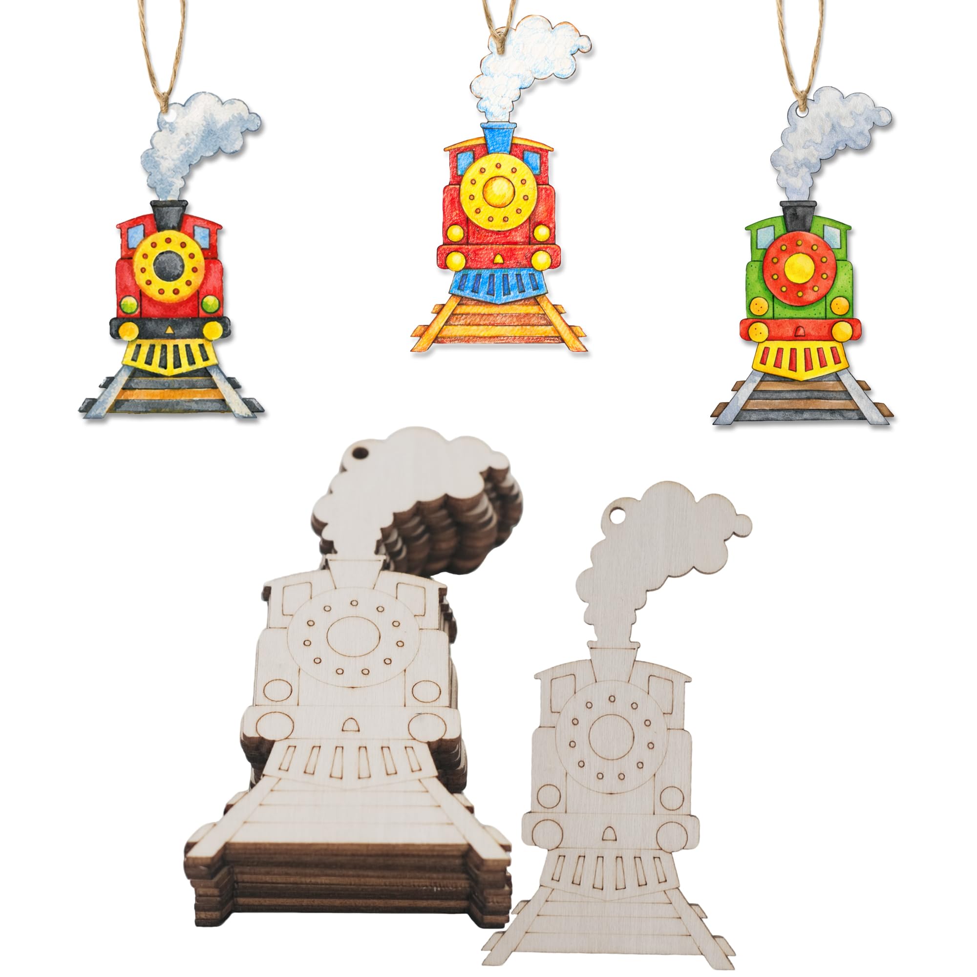 30Pcs Wooden Train Ornaments to Paint Unfinished Train Cars Cutouts Transports Theme DIY Craft for Unfinished Train Wood Slice for Hanging Holiday Party Decoration (Style E)