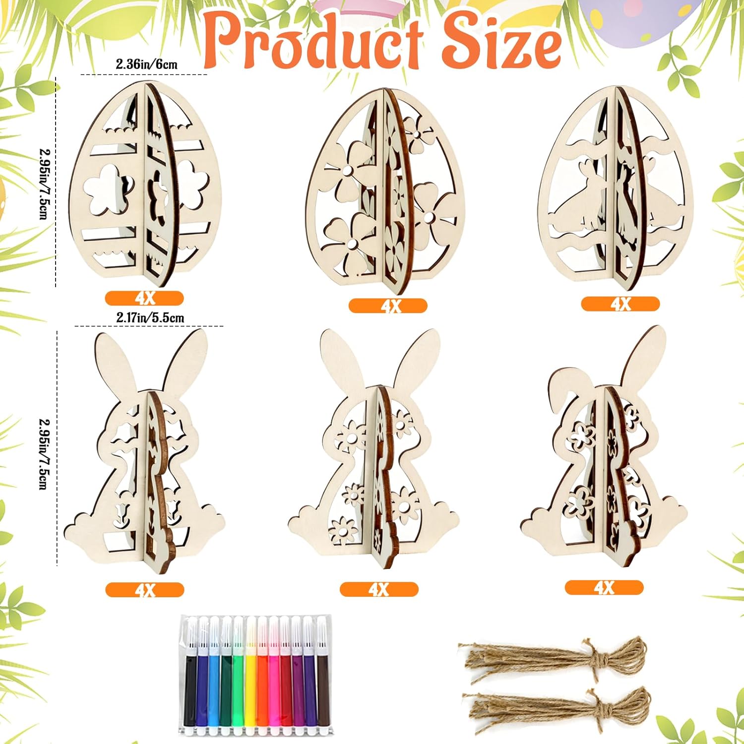48PCS/24Set Easter Crafts Set to Paint, 3D Wooden Hollow Bunny Egg Flower Cutouts, Unfinished Blank Wood Slices Ornament for DIY Crafts Hanging Decorations with Drawing Pen & Hang Cords