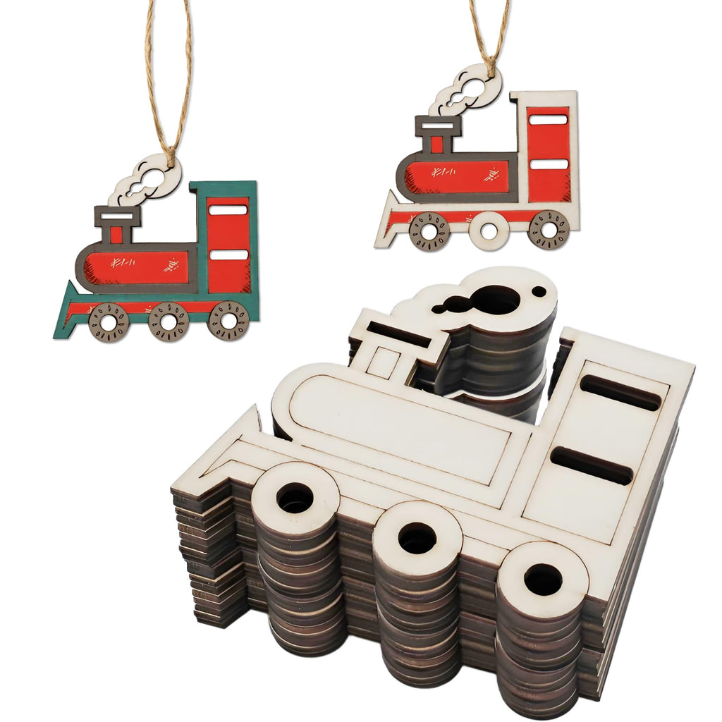 30Pcs Wooden Train Ornaments to Paint Unfinished Train Cars Cutouts Transports Theme DIY Craft for Unfinished Train Wood Slice for Hanging Holiday Party Decoration (Style E)