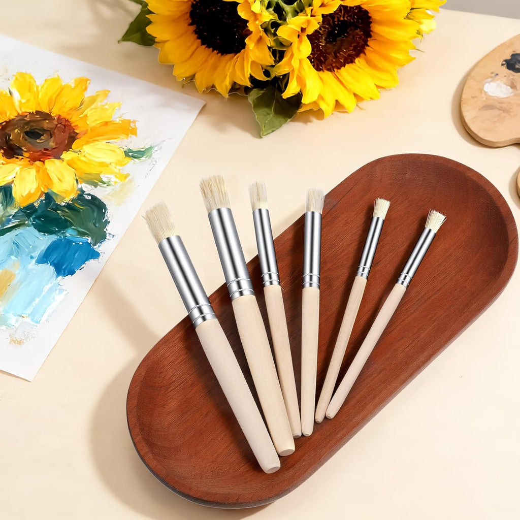 6Pcs Wooden Stencil Brushes, Natural Bristle Paint Brushes Set 3 Sizes Wood Paint Template Brush for Stencil Painting Acrylic Oil Watercolor DIY Art Crafts