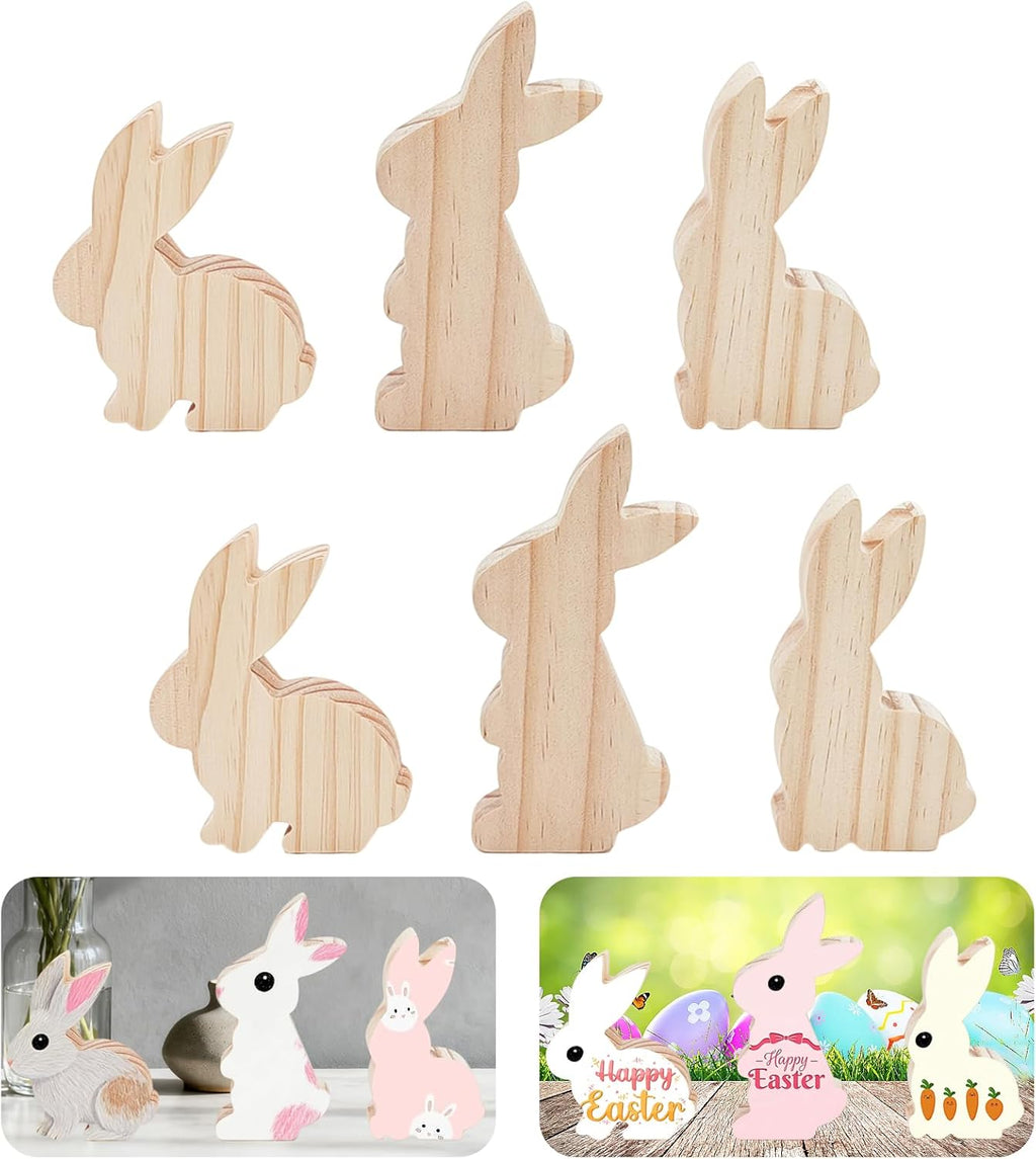 6 Pcs Happy Easter Bunny Wooden Blank Cutouts Unfinished Thick Shaped Table Wooden Signs Wood Blocks to Paint for DIY Crafts Holiday Home Tiered Tray Party Decorations Gift Making