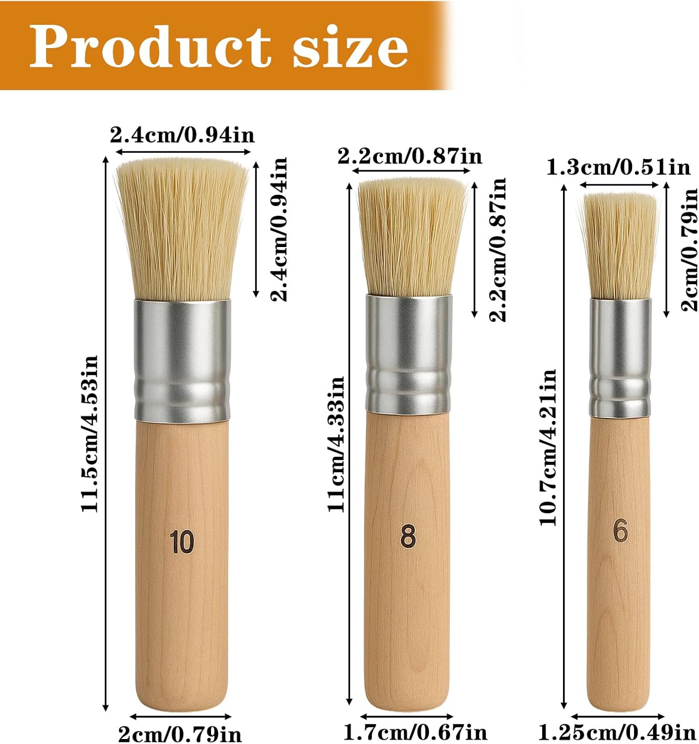 3 Pack Wooden Stencil Brush, Washable Bristle Stencils Brushes for Painting, Natural Bristle Stencil Brush for Acrylic Oil Watercolor Painting, Stencils Project, Card Making, DIY Art Crafts (6, 8, 10)