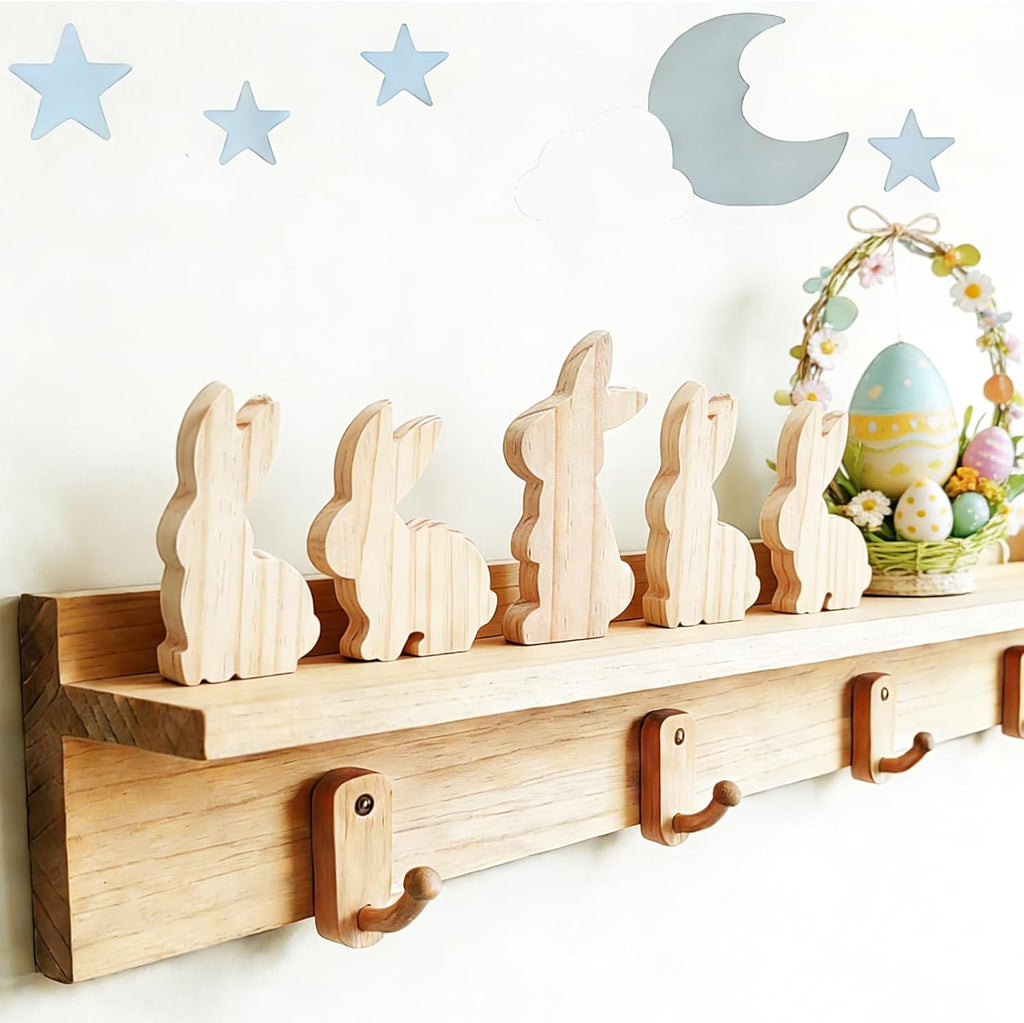 6 Pcs Happy Easter Bunny Wooden Blank Cutouts Unfinished Thick Shaped Table Wooden Signs Wood Blocks to Paint for DIY Crafts Holiday Home Tiered Tray Party Decorations Gift Making