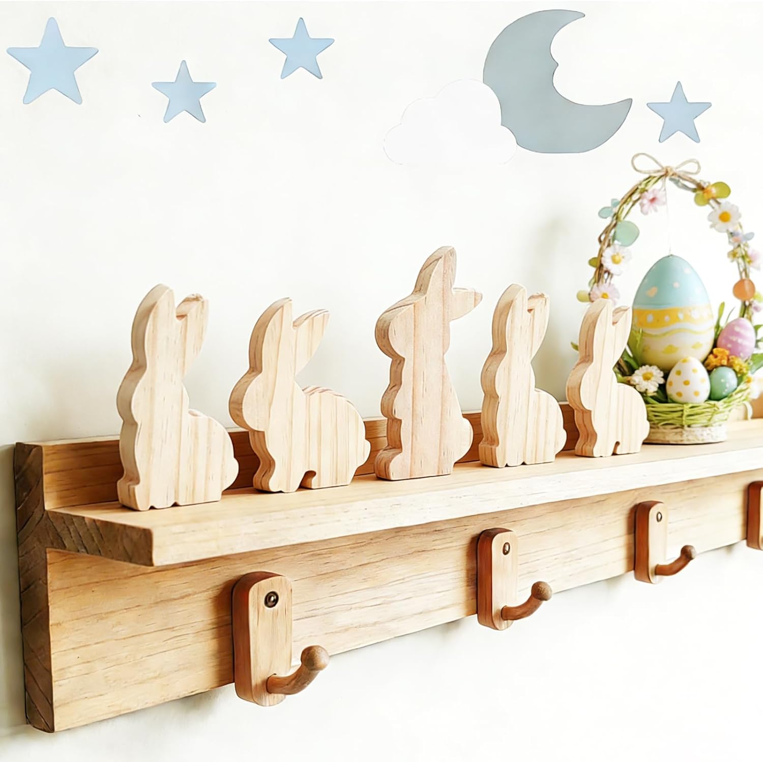 6 Pcs Happy Easter Bunny Wooden Blank Cutouts Unfinished Thick Shaped Table Wooden Signs Wood Blocks to Paint for DIY Crafts Holiday Home Tiered Tray Party Decorations Gift Making