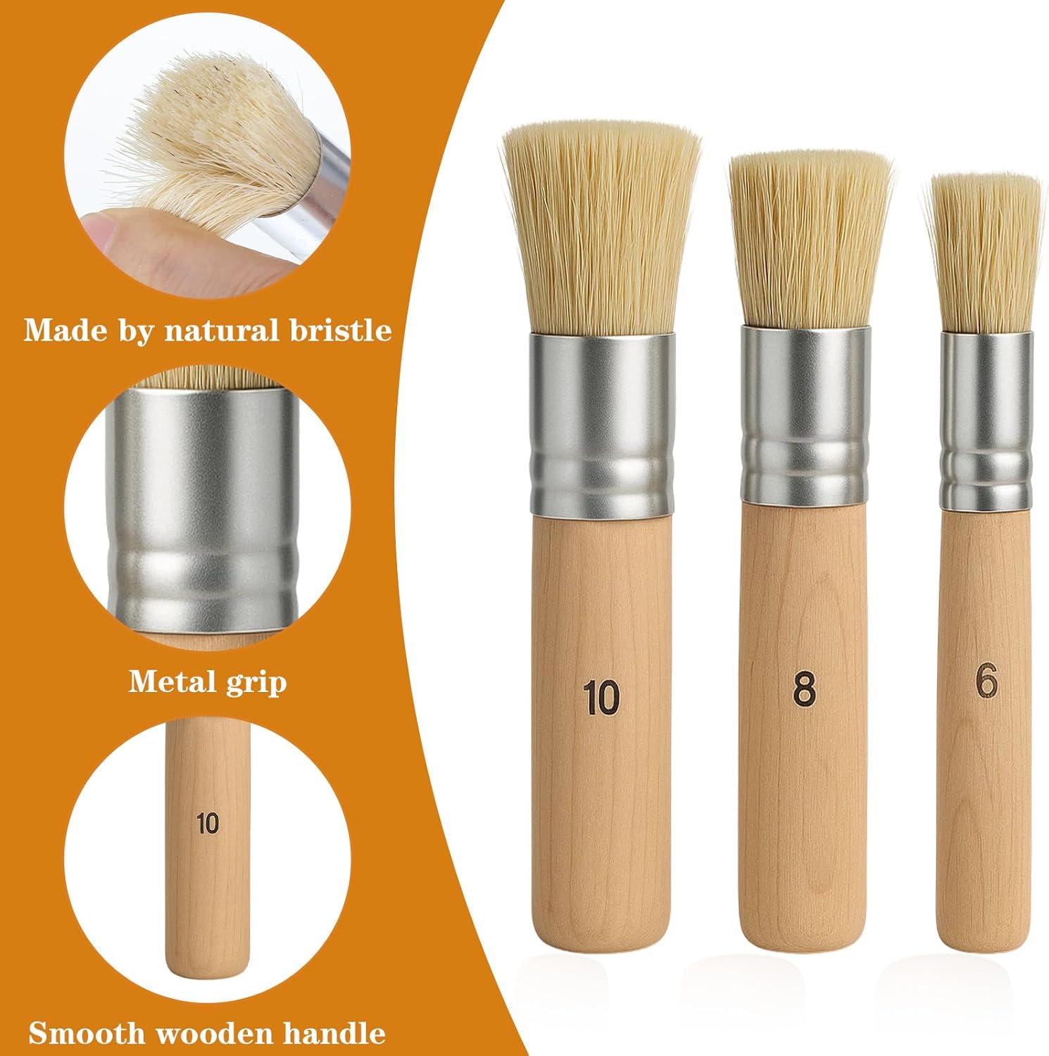 3 Pack Wooden Stencil Brush, Washable Bristle Stencils Brushes for Painting, Natural Bristle Stencil Brush for Acrylic Oil Watercolor Painting, Stencils Project, Card Making, DIY Art Crafts (6, 8, 10)