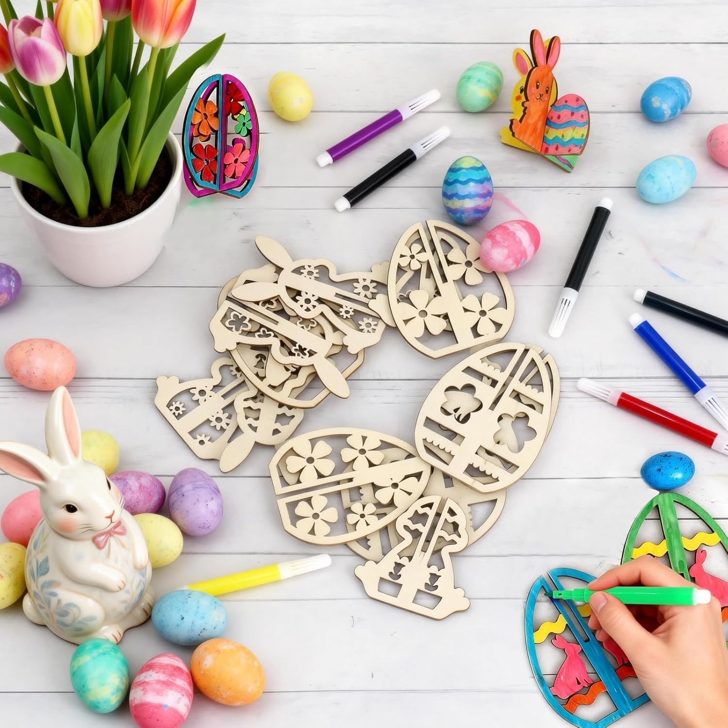 48PCS/24Set Easter Crafts Set to Paint, 3D Wooden Hollow Bunny Egg Flower Cutouts, Unfinished Blank Wood Slices Ornament for DIY Crafts Hanging Decorations with Drawing Pen & Hang Cords