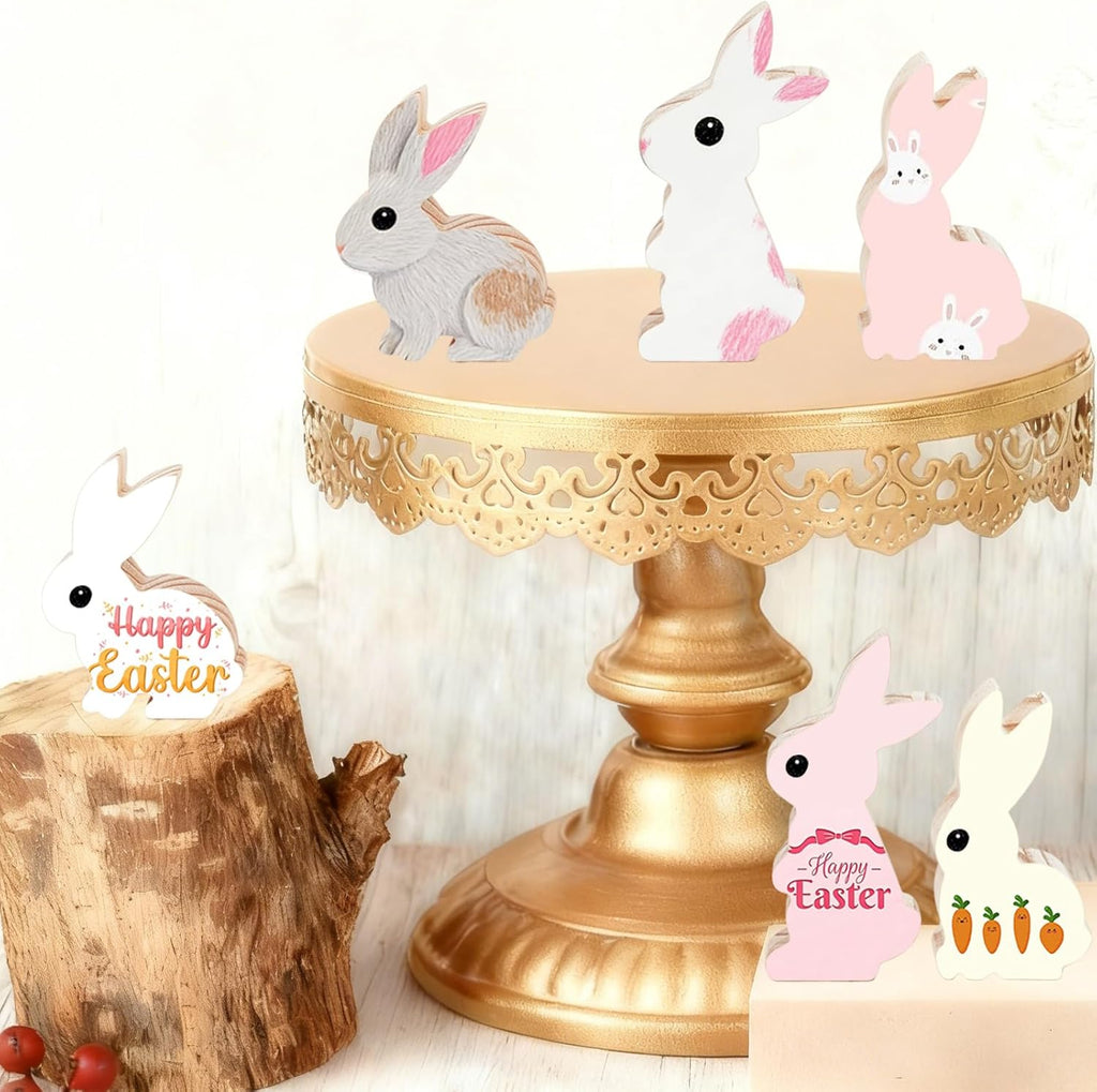 6 Pcs Happy Easter Bunny Wooden Blank Cutouts Unfinished Thick Shaped Table Wooden Signs Wood Blocks to Paint for DIY Crafts Holiday Home Tiered Tray Party Decorations Gift Making