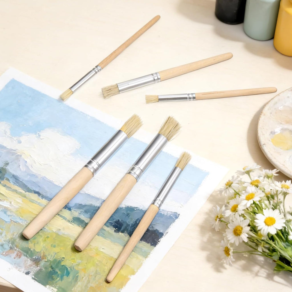 6Pcs Wooden Stencil Brushes, Natural Bristle Paint Brushes Set 3 Sizes Wood Paint Template Brush for Stencil Painting Acrylic Oil Watercolor DIY Art Crafts
