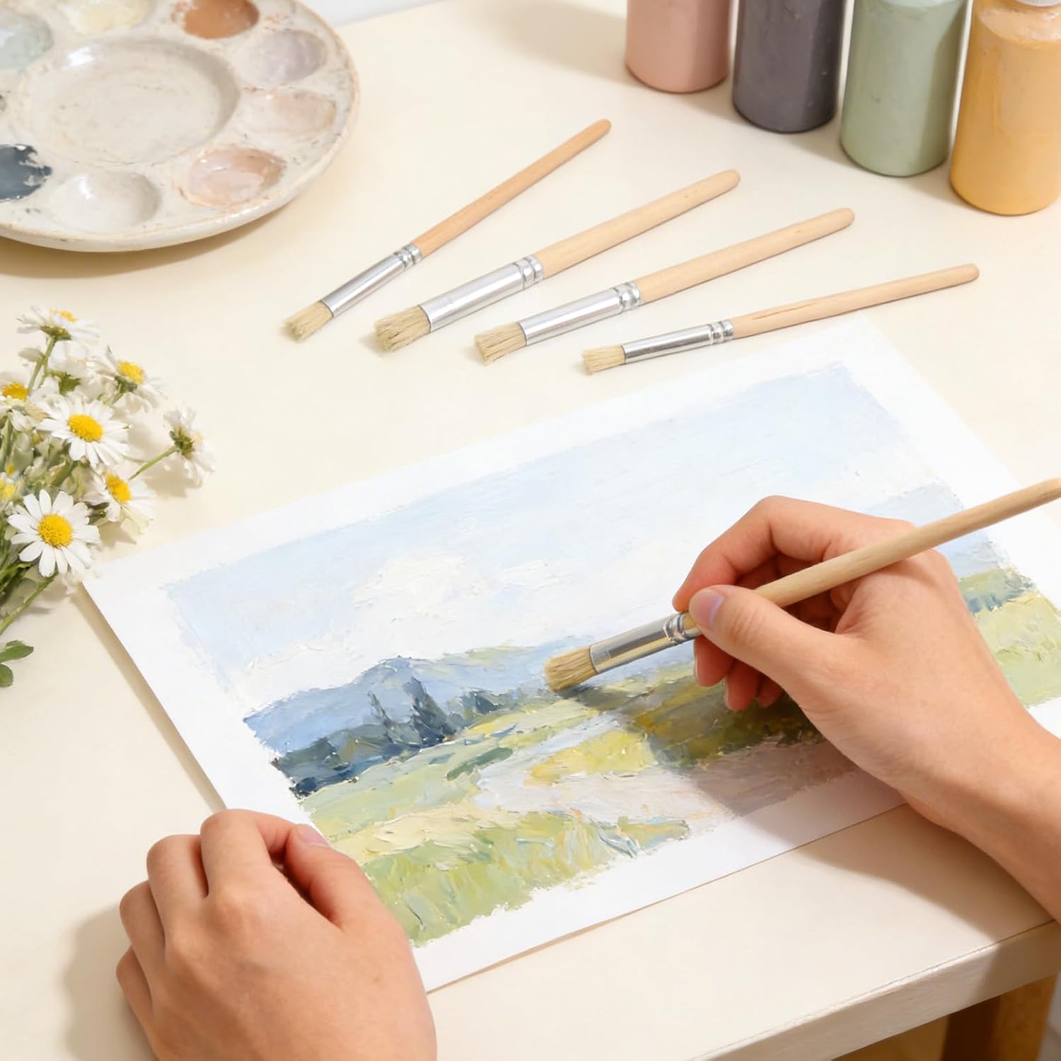 6Pcs Wooden Stencil Brushes, Natural Bristle Paint Brushes Set 3 Sizes Wood Paint Template Brush for Stencil Painting Acrylic Oil Watercolor DIY Art Crafts