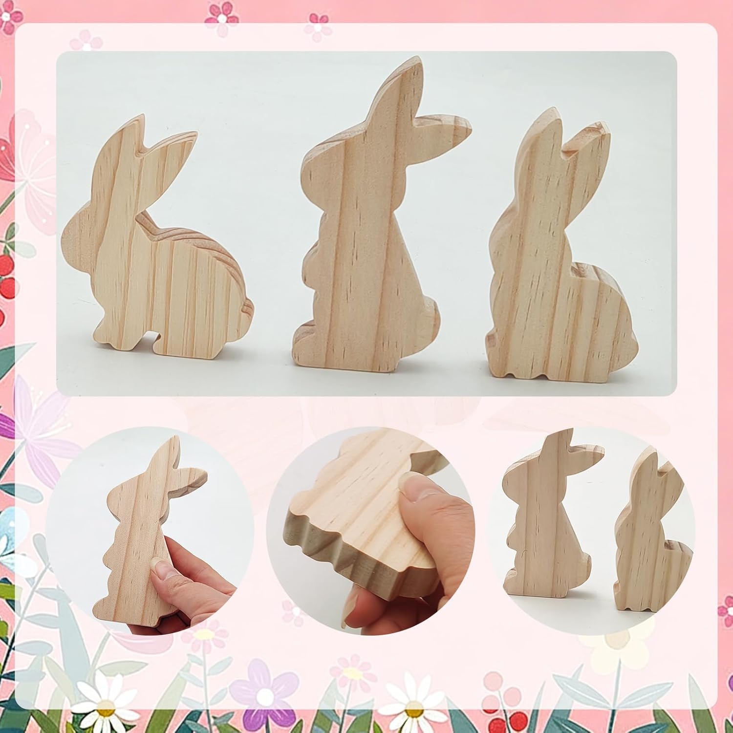 6 Pcs Happy Easter Bunny Wooden Blank Cutouts Unfinished Thick Shaped Table Wooden Signs Wood Blocks to Paint for DIY Crafts Holiday Home Tiered Tray Party Decorations Gift Making