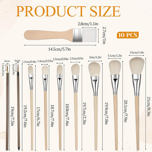 10 Pcs Glaze Brushes, Ceramic Paint Brush Set Glazing Brushes for Pottery, Wooden Fan Mop Paint Brush for Glazing, Ceramic, Watercolor, Graffiti Coloring