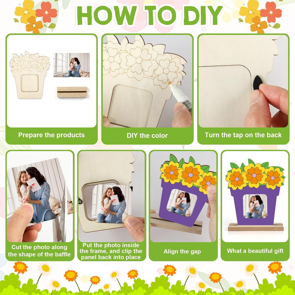 8Pcs Flower Spring Wood Crafts to Paint, Wooden Flowers Picture Frame for Craft, Unfinished Spring Picture Frame Craft for Painting, DIY Mother’s Day Gifts Flower Cutouts for Painting Decorations