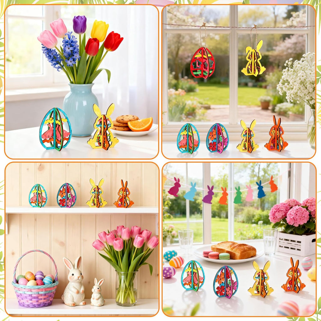 48PCS/24Set Easter Crafts Set to Paint, 3D Wooden Hollow Bunny Egg Flower Cutouts, Unfinished Blank Wood Slices Ornament for DIY Crafts Hanging Decorations with Drawing Pen & Hang Cords