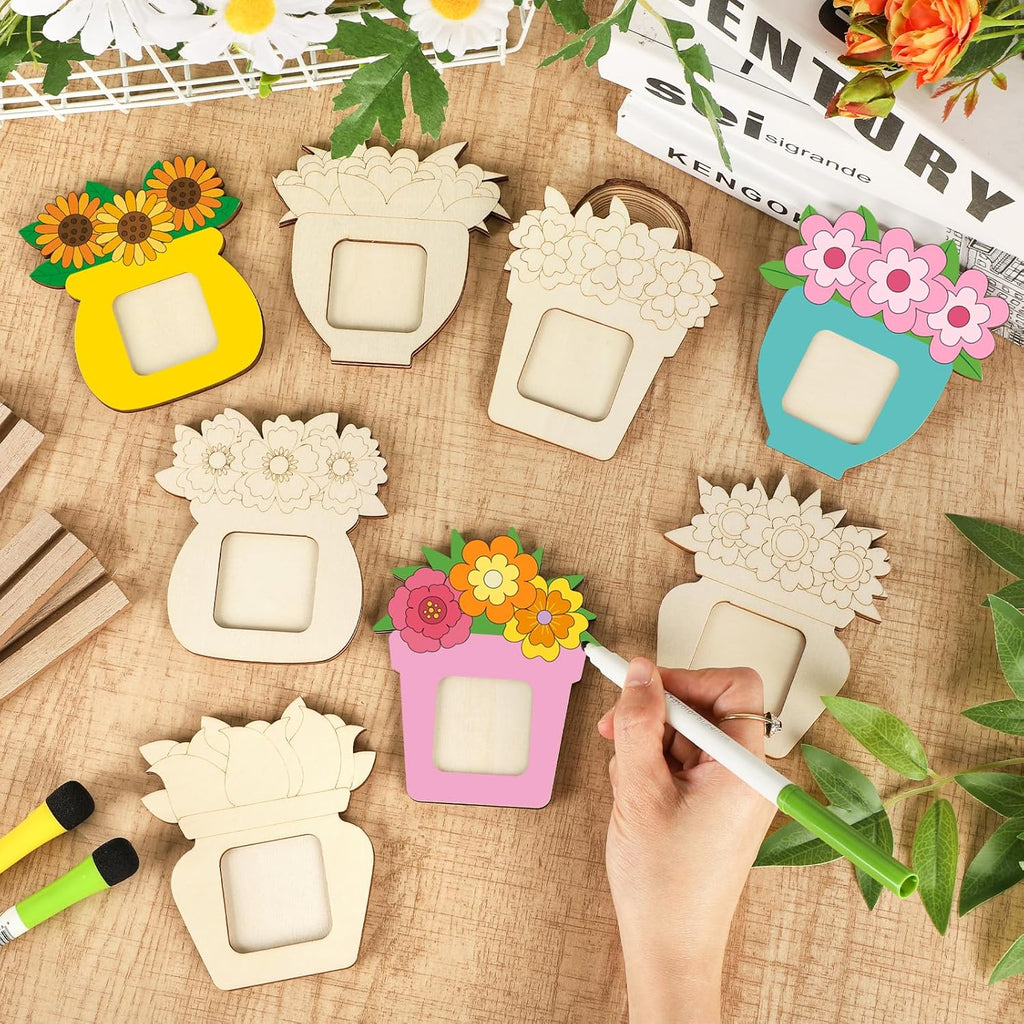 8Pcs Flower Spring Wood Crafts to Paint, Wooden Flowers Picture Frame for Craft, Unfinished Spring Picture Frame Craft for Painting, DIY Mother’s Day Gifts Flower Cutouts for Painting Decorations