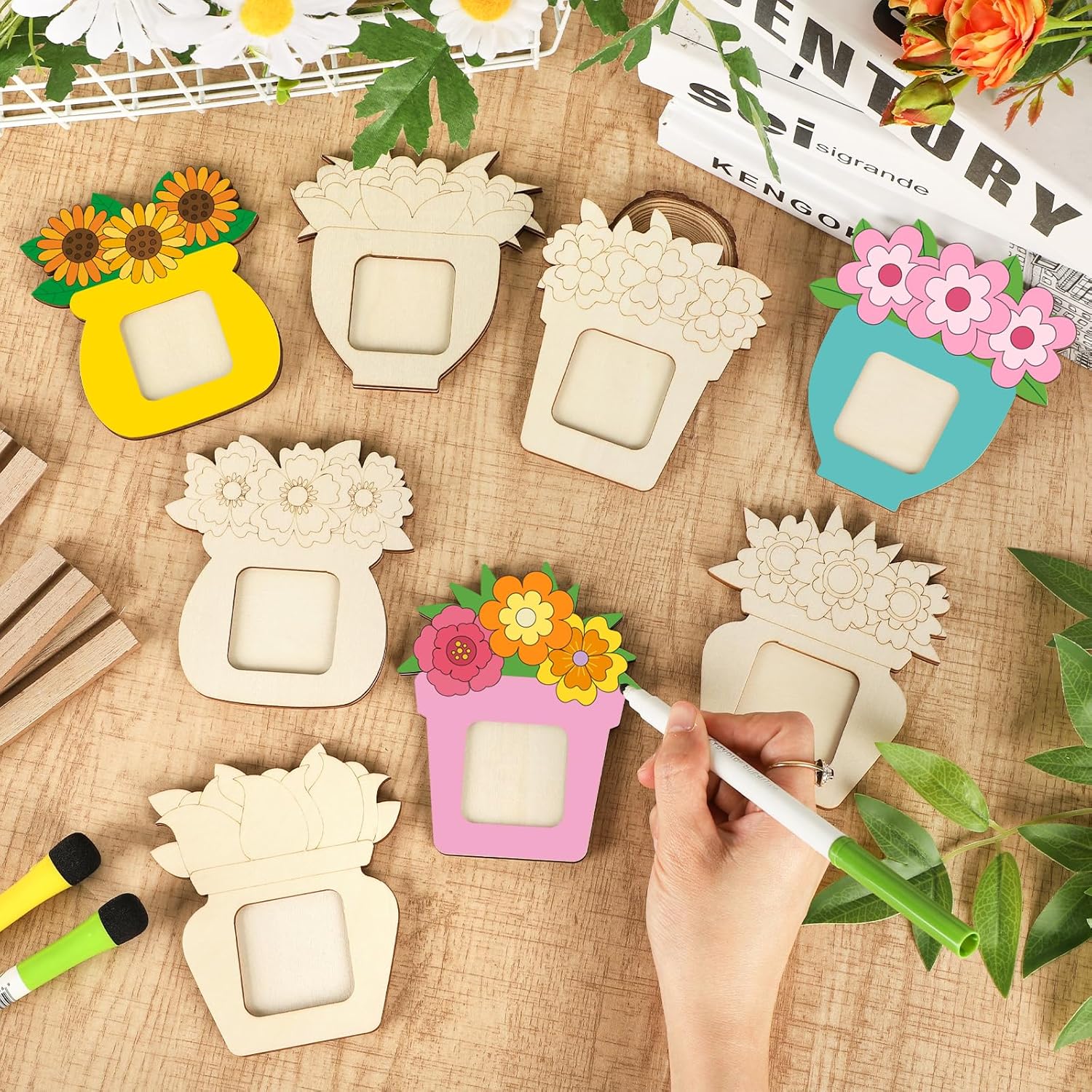 8Pcs Flower Spring Wood Crafts to Paint, Wooden Flowers Picture Frame for Craft, Unfinished Spring Picture Frame Craft for Painting, DIY Mother’s Day Gifts Flower Cutouts for Painting Decorations