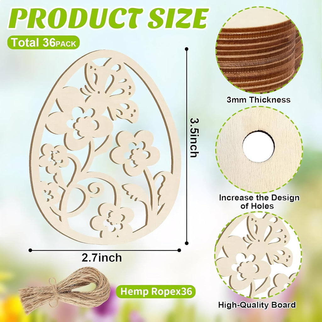 36Pc Easter Ornaments,DIY Wooden Easter Eggs Unfinished Wood Chips That Can Be Painted,Suitable for Craft Making Hanging Decorations Spring Party Events and Art Projects
