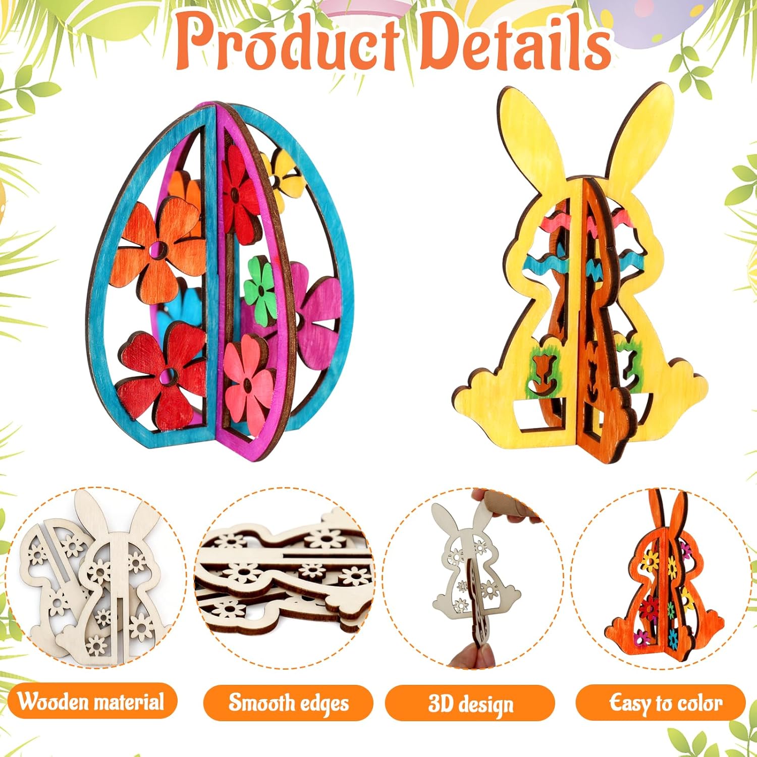 48PCS/24Set Easter Crafts Set to Paint, 3D Wooden Hollow Bunny Egg Flower Cutouts, Unfinished Blank Wood Slices Ornament for DIY Crafts Hanging Decorations with Drawing Pen & Hang Cords