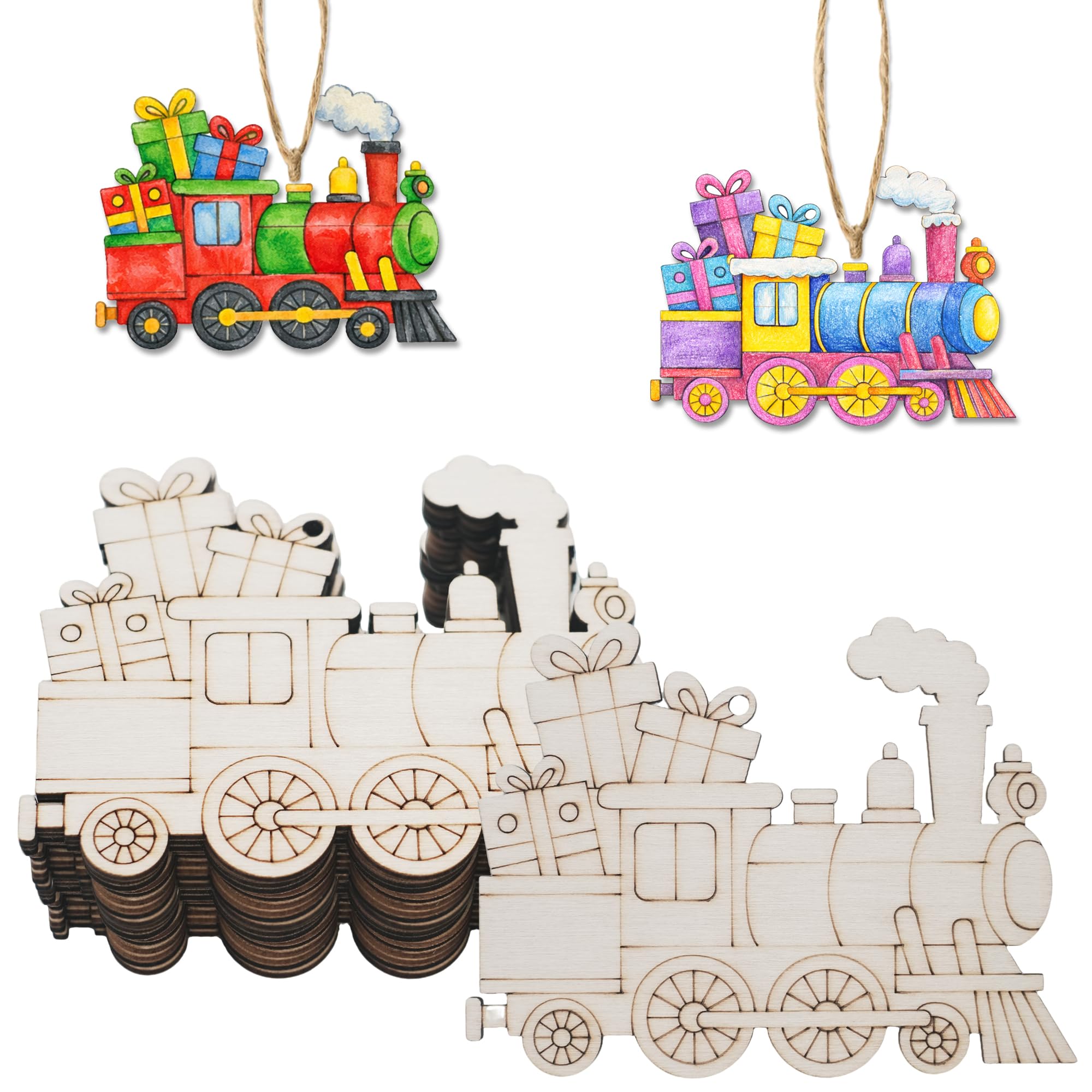 30Pcs Wooden Train Ornaments to Paint Unfinished Train Cars Cutouts Transports Theme DIY Craft for Unfinished Train Wood Slice for Hanging Holiday Party Decoration (Style E)