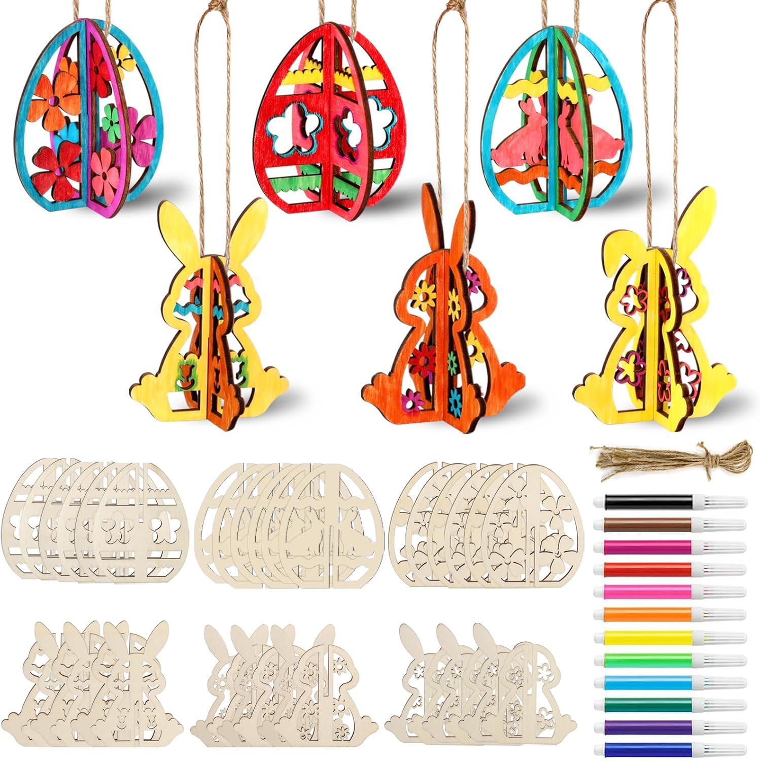 48PCS/24Set Easter Crafts Set to Paint, 3D Wooden Hollow Bunny Egg Flower Cutouts, Unfinished Blank Wood Slices Ornament for DIY Crafts Hanging Decorations with Drawing Pen & Hang Cords